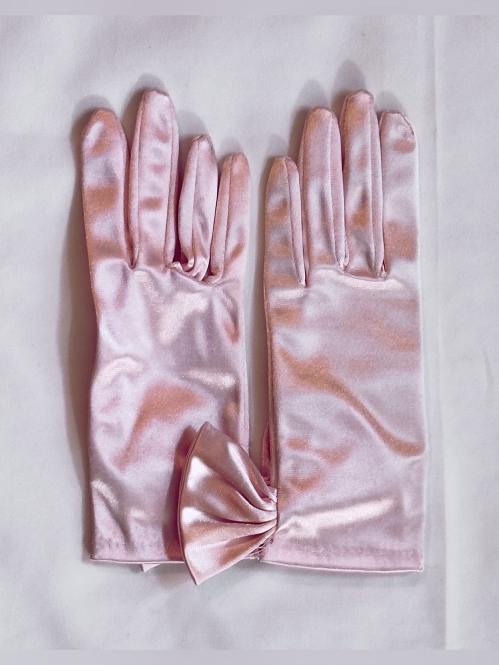 VINTAGE NWOT: Hong Kiong Pastel Pink Satin Bow Evening Gloves, Deadstock-One Siz